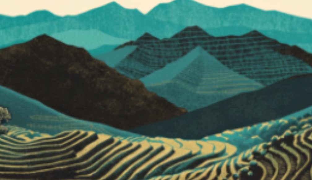 Illustrated terraced mountains of Nyeri in teal and gold